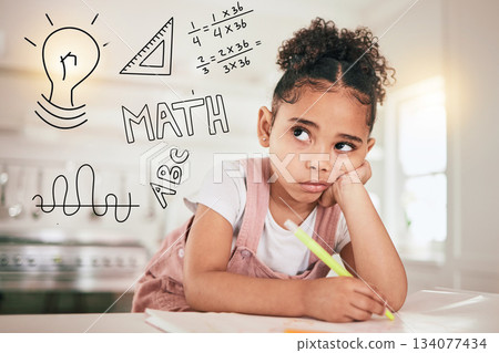 Math homework, education or child thinking of mathematics solution, problem or remote home school. Learning difficulty, ADHD and bored kid contemplating equation numbers for youth development project 134077434
