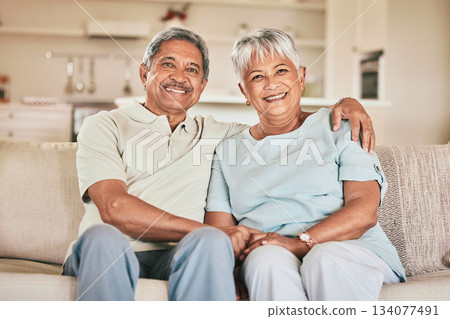 Home portrait, hug and senior happy couple bonding, enjoy time together and relax on living room sofa. Retirement love, smile and elderly man, woman or people embrace for unity, marriage and care Home portrait, hug and senior happy couple bonding, enjoy time together and relax on living room sofa. Retirement love, smile and elderly man, woman or people embrace for unity, marriage and care 134077491