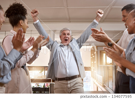 Business people, celebration and winning with applause for promotion, success or teamwork at office. Happy senior businessman in joy for win, victory or achievement with team clapping at workplace Business people, celebration and winning with applause for promotion, success or teamwork at office. Happy senior businessman in joy for win, victory or achievement with team clapping at workplace 134077595