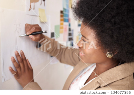 Fashion, business and black woman writing, planning and ideas for designs, prepare for show and creativity. Female employee, designer and creative with pen, brainstorming, new project and startup Fashion, business and black woman writing, planning and ideas for designs, prepare for show and creativity. Female employee, designer and creative with pen, brainstorming, new project and startup 134077596