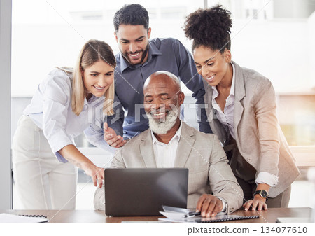 Business people, laptop and meeting in collaboration for teamwork, planning or ideas at the office. Group of employees working on computer together for team project plan or brainstorming at workplace 134077610