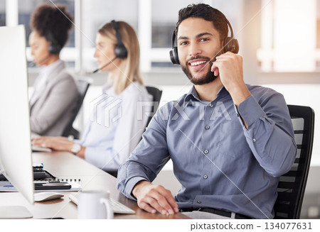 Portrait, call center and customer service with a man consulting using a headset in his support office. CRM, contact us or telemarketing with a male consultant working in an agency for communication Portrait, call center and customer service with a man consulting using a headset in his support office. CRM, contact us or telemarketing with a male consultant working in an agency for communication 134077631