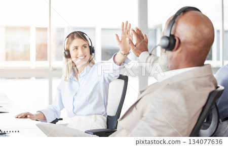 Business people, call center and high five for happy success, partnership or winning in teamwork at office. Group of employee consultants or agents touching hands in celebration for win at workplace 134077636