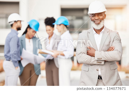 Architecture, construction and portrait of senior black man with team for building site, engineering and planning. Property development, leadership and happy male contractor for city maintenance 134077671