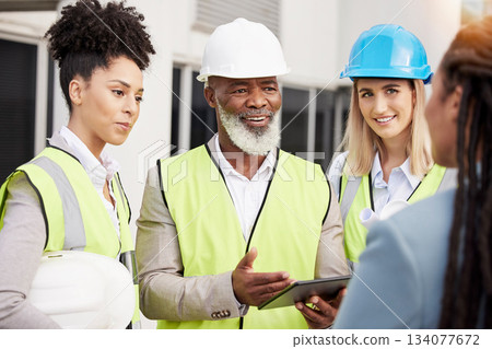 Teamwork, architecture and tablet with people on construction site for planning, project and engineering. Building, technology and collaboration with contractors for designer, our vision and goals 134077672