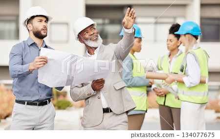 Planning, architecture and blueprint with people on construction site for engineering. project management and design. Teamwork, floor plan and building with contractors for maintenance and idea 134077675