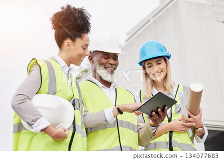 Architecture, teamwork and people with tablet for engineering, city construction and planning. Collaboration, building and happy man and women on digital tech for inspection, maintenance and project 134077683