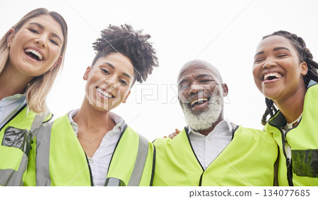 Architecture, teamwork and portrait of people for engineering, construction site and planning. Collaboration, building and happy man and women contractors for inspection, maintenance and project 134077685