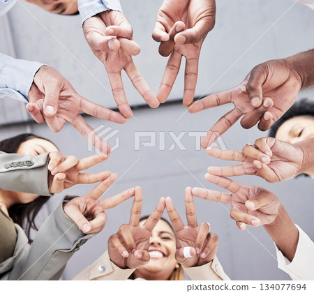 Hands, star and together in low angle for business people with teamwork, motivation and solidarity in office. Women, happiness and peace sign with shape, team building and support for company goals Hands, star and together in low angle for business people with teamwork, motivation and solidarity in office. Women, happiness and peace sign with shape, team building and support for company goals 134077694
