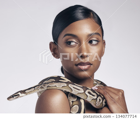 Fashion, beauty and woman in studio with snake on neck for art aesthetic with exotic zoo animal on white background. Face, danger and creative style, asian model with seductive look and dangerous pet 134077714