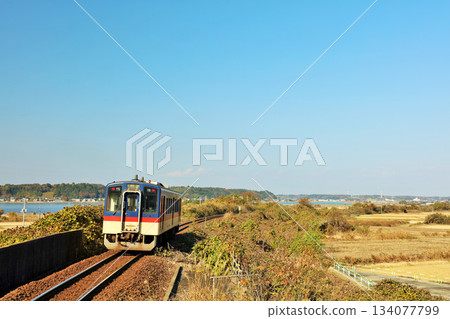 Kitaura Lakeside Station, Ibaraki Prefecture. A train running on the Kashima Rinkai Railway Oarai Kashima Line. 134077799