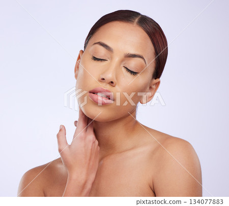 Face, eyes closed or woman with natural beauty or skincare in studio isolated on white background. Facial treatment, beauty grooming or zen girl model relaxing with glow or luxury self care cosmetics Face, eyes closed or woman with natural beauty or skincare in studio isolated on white background. Facial treatment, beauty grooming or zen girl model relaxing with glow or luxury self care cosmetics 134077883