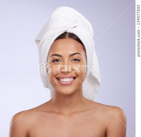 Natural face portrait, towel or happy woman in studio isolated on white background for skincare beauty. Facial treatment, bathroom shower or Brazilian girl model relaxing with glow or self love 134077885