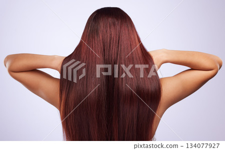 Back, hair care or girl in studio for healthy natural shine, beauty or wellness on white background. Texture of glowing, hair style or woman with salon spa self care cosmetics in grooming for growth 134077927