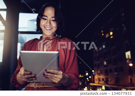 Business, tablet and night with woman in city for technology, corporate and communication. Social media, connection and internet with female and search online for networking, email and website 134077931