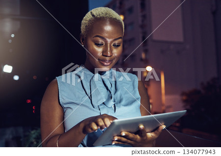 Business, tablet and night with black woman in city for technology, corporate and communication. Social media, connection and internet with female and search online for networking, email and website Business, tablet and night with black woman in city for technology, corporate and communication. Social media, connection and internet with female and search online for networking, email and website 134077943