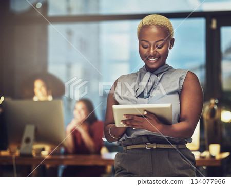 Business, tablet and happy with black woman in office for technology, corporate or communication. Social media, connection and internet with female and search online for networking, email and website Business, tablet and happy with black woman in office for technology, corporate or communication. Social media, connection and internet with female and search online for networking, email and website 134077966