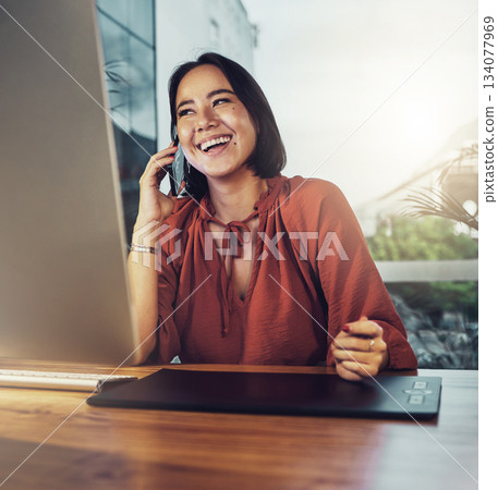 Phone call, business and funny with woman in office for networking, communication and negotiation. Contact, technology and connection with female laughing for feedback, information and conversation Phone call, business and funny with woman in office for networking, communication and negotiation. Contact, technology and connection with female laughing for feedback, information and conversation 134077969