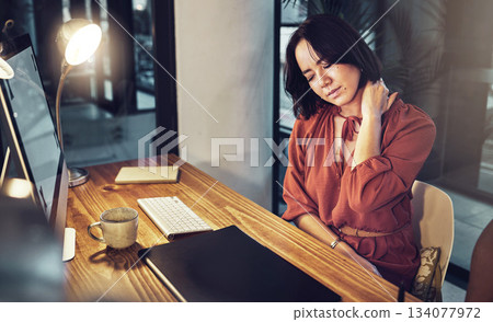 Neck pain problem, night and business woman with anatomy injury, medical emergency or admin crisis. Burnout fatigue, muscle strain accident and tired person, consultant or agent with stress tension Neck pain problem, night and business woman with anatomy injury, medical emergency or admin crisis. Burnout fatigue, muscle strain accident and tired person, consultant or agent with stress tension 134077972