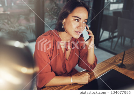 Phone call, business and mockup with woman in office for networking, communication and negotiation. Contact, technology and connection with female talking for feedback, information and conversation 134077995