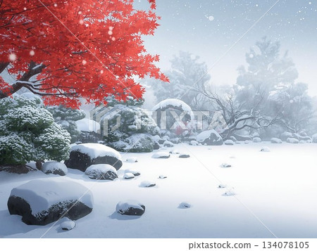 Illustration of autumn leaves decorating a snow-covered garden Illustration of autumn leaves decorating a snow-covered garden 134078105