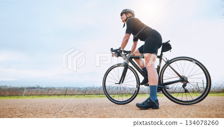 Mockup, cycling and fitness with woman in nature for training, workout and sports cardio. Health, relax and thinking with female cyclist riding on bike in outdoor for exercise, endurance or challenge Mockup, cycling and fitness with woman in nature for training, workout and sports cardio. Health, relax and thinking with female cyclist riding on bike in outdoor for exercise, endurance or challenge 134078260