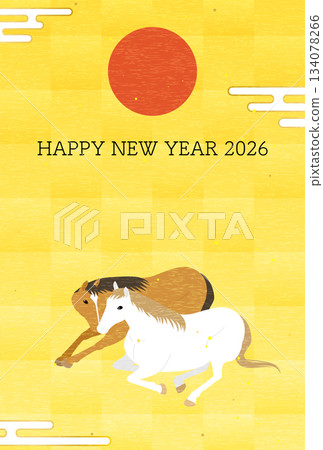 New Year's card for the Year of the Horse 2026, featuring two horses facing each other and the first sunrise of the year New Year's card for the Year of the Horse 2026, featuring two horses facing each other and the first sunrise of the year 134078266