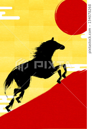 New Year's card for 2026, Year of the Horse, featuring a calligraphy-drawn horse galloping towards the sunrise and the silhouette of Mount Fuji in red. 134078268