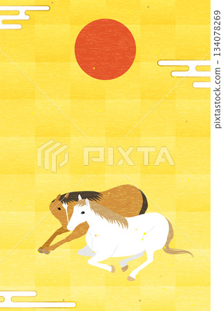 New Year's card for the Year of the Horse 2026, featuring two horses facing each other and the first sunrise of the year 134078269