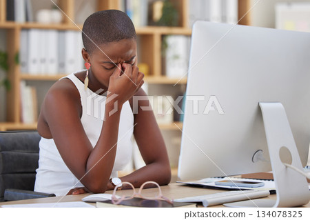Headache, migraine and sad woman on computer stress, depression or mental health risk in office for news. Pain, depressed or angry African business person with burnout or fatigue for online career Headache, migraine and sad woman on computer stress, depression or mental health risk in office for news. Pain, depressed or angry African business person with burnout or fatigue for online career 134078325