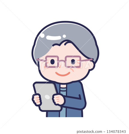A "senior" woman in casual clothes using a tablet 134078343