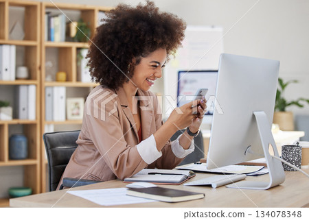 Office, phone or happy woman laughing at meme on social media or relaxing break at workplace. Smile, crazy comic content or biracial girl journalist smiling or reading a funny blog or comedy articles 134078348