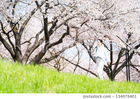 A young woman walking along a row of cherry blossom trees. Lifestyle image 134078401