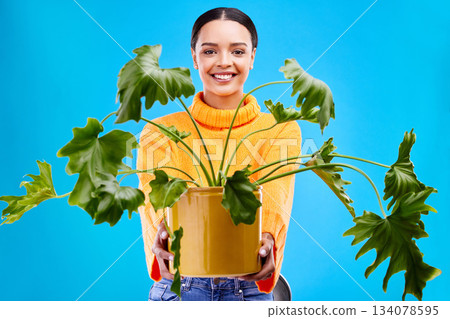Portrait of happy woman in studio with plant gift, smile and happiness for house plants on blue background. Gardening, sustainable green and hobby for gen z girl on mockup with eco friendly present Portrait of happy woman in studio with plant gift, smile and happiness for house plants on blue background. Gardening, sustainable green and hobby for gen z girl on mockup with eco friendly present 134078595