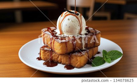 法式吐司佐香草冰淇淋和焦糖醬 134078625