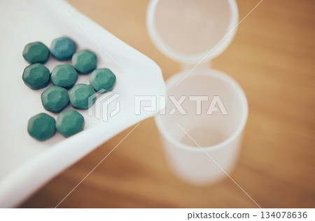 Medicine closeup, container or organize pills for medical correct dose, inventory or pharmaceutical management. Healthcare tablets, pharmacy products background or retail store drugs distribution 134078636