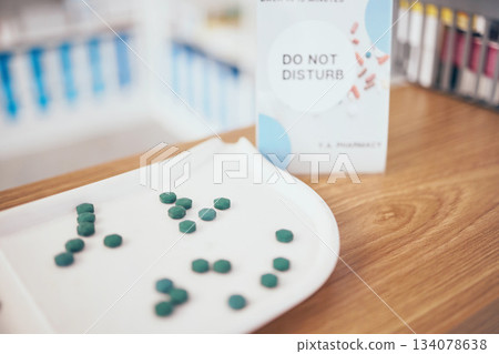 Pills, healthcare and medicine in an empty pharmacy for the treatment or cure of disease and insurance. Do not disturb, medical and medicine dose, supply or course in a pharmaceuticals clinic 134078638