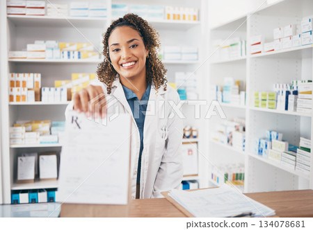 Pharmacy portrait, medicine bag or happy woman giving package to pov patient in customer services. Pharmacist help desk, smile or doctor with pharmaceutical note or medical product receipt in clinic 134078681