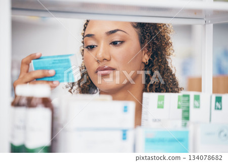 Medicine, search and shelf with woman in pharmacy for medical, inventory and product stock. Healthcare, retail and drugstore with female and check for information, pills and expert with box Medicine, search and shelf with woman in pharmacy for medical, inventory and product stock. Healthcare, retail and drugstore with female and check for information, pills and expert with box 134078682