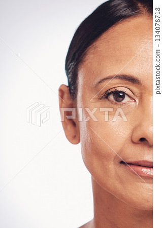 Skincare, half portrait and mature woman with smile and natural makeup on face with white background. Health, beauty and luxury skin care with mockup space, anti ageing and beautiful studio model. Skincare, half portrait and mature woman with smile and natural makeup on face with white background. Health, beauty and luxury skin care with mockup space, anti ageing and beautiful studio model. 134078718