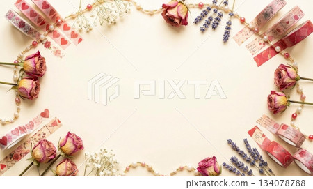 Plain Background with Cute Vintage Tape, Beads, and Dried Flowers Border Plain Background with Cute Vintage Tape, Beads, and Dried Flowers Border 134078788