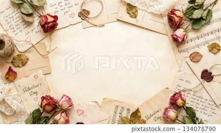 Plain Background with Vintage Paper and Dried Roses Border Plain Background with Vintage Paper and Dried Roses Border 134078790