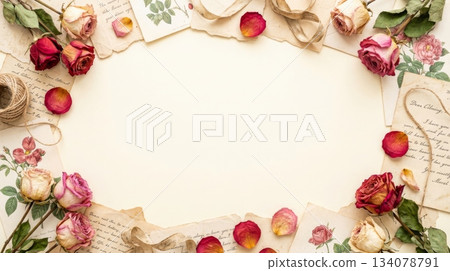 Plain Background with Vintage Paper and Dried Roses Border Plain Background with Vintage Paper and Dried Roses Border 134078791