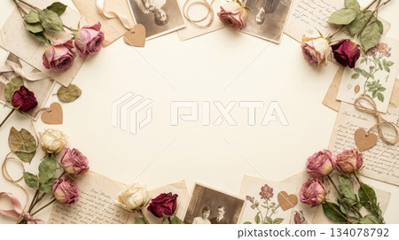 Plain Background with Vintage Paper and Dried Roses Border 134078792