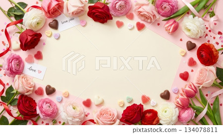 Plain Background with Flowers and Heart Candies Border 134078811