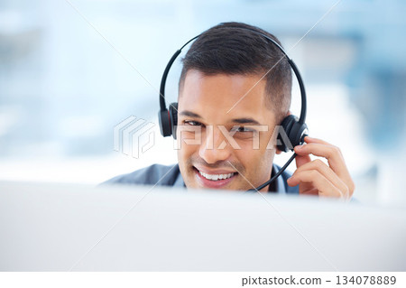 Call center, headset or friendly man in communication at telecom customer services on microphone. Smile, crm office or happy sales agent consulting, speaking or talking in technical support help desk Call center, headset or friendly man in communication at telecom customer services on microphone. Smile, crm office or happy sales agent consulting, speaking or talking in technical support help desk 134078889