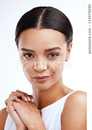 Beauty, face portrait and woman confident from luxury cosmetics routine, natural makeup and facial skincare glow. Cosmetology, salon and person with studio dermatology isolated on white background 134078890