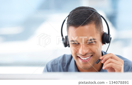Call center, mockup or friendly man in communication for telecom customer services on mic. Smile, crm or face of happy sales agent consulting, speaking or talking in technical support help desk Call center, mockup or friendly man in communication for telecom customer services on mic. Smile, crm or face of happy sales agent consulting, speaking or talking in technical support help desk 134078891