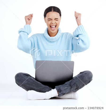 Fist pump celebration, laptop winner and happy woman celebrate victory news, winning achievement or profit success. Cheers, bonus salary announcement and excited studio person on white background Fist pump celebration, laptop winner and happy woman celebrate victory news, winning achievement or profit success. Cheers, bonus salary announcement and excited studio person on white background 134078924
