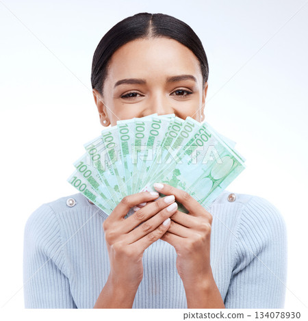 Money woman, face or portrait eyes with lottery win, competition giveaway or euro cash award. Finance trading person, financial freedom or hiding winner with wealth payment on white background studio Money woman, face or portrait eyes with lottery win, competition giveaway or euro cash award. Finance trading person, financial freedom or hiding winner with wealth payment on white background studio 134078930